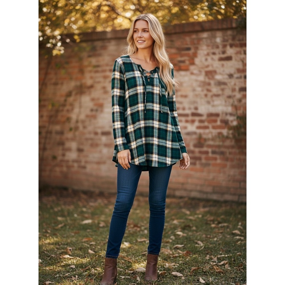 Ruff Hewn Mens Green Plaid‎ Lace Up V Neck Long Sleeve Cotton Tunic Top Size M